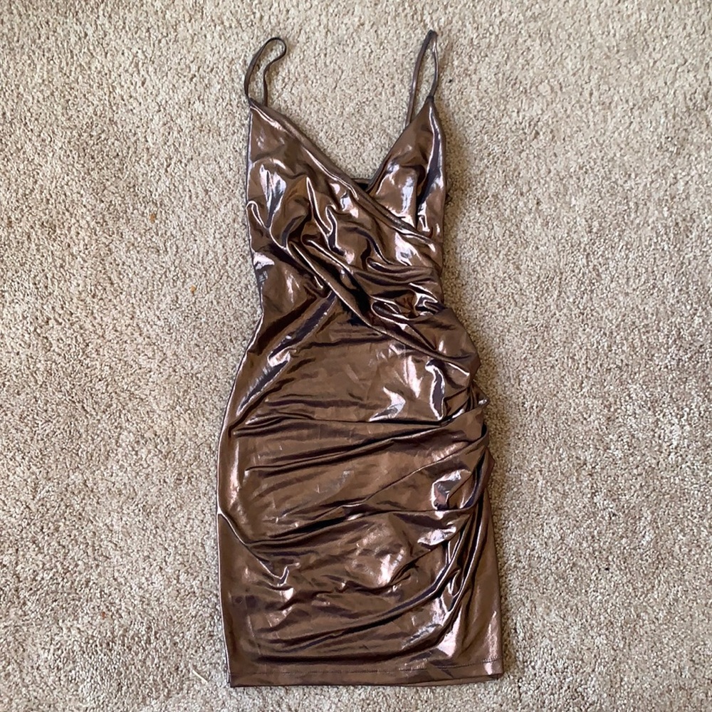 Brown metallic ruched dress